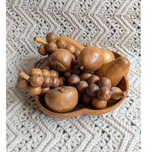 Vintage Hand Carved Wooden Fruit Set with Bowl Grapes Banana Pear MCM Decor
